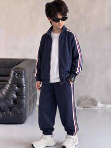 SHEIN 2件組兒童青少年男孩深藍色休閒學院風側邊飾帶立領前開襟長袖秋季上衣與飾帶收口純色針織長褲套裝 - 藏蓝色 - 查看 3
