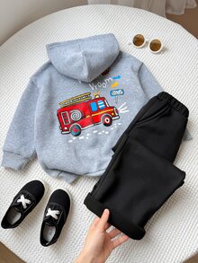 SHEIN Bubblio 2件組兒童小男孩服裝套裝，手繪圖案連帽長袖灰色運動衫搭配純色鬆緊腰運動長褲，適合返校、生日、節日派對，秋冬穿著 - 灰色 - 查看 3