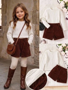 Emery Rose Kids Emery Rose Kids Young Girl Solid Color Long Sleeve T-Shirt And Shorts Casual Daily Outfit Kids - Multicolor - View 2