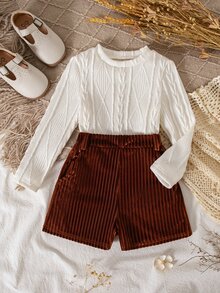 Emery Rose Kids Emery Rose Kids Young Girl Solid Color Long Sleeve T-Shirt And Shorts Casual Daily Outfit Kids - Multicolor - View 8