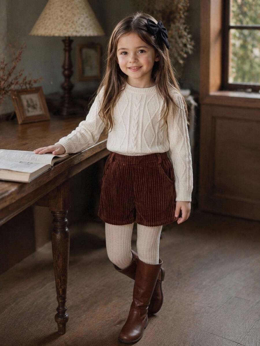 Emery Rose Kids Emery Rose Kids Young Girl Solid Color Long Sleeve T-Shirt And Shorts Casual Daily Outfit Kids - Multicolor - View 1