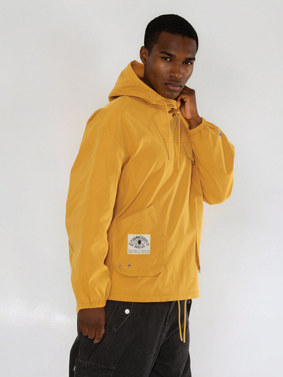 FORM&CHAOS Men's Hooded Pullover Windbreaker - Mustard Yellow Loose Fit Cargo Jacket With Utility Pockets, High Street Raincoat Vacation Beach Fall Streetwear