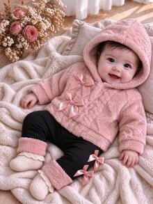 SHEIN Newborn Girls' 2pcs Cute Solid Bow Decor Plush Hooded Long Sleeve Set Winter, Loose Fit, Versatile, Fuzzy, Versatile - Multicolor - View 1