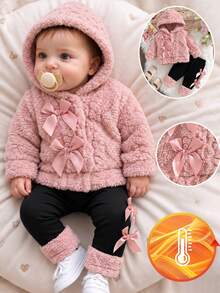 SHEIN Newborn Girls' 2pcs Cute Solid Bow Decor Plush Hooded Long Sleeve Set Winter, Loose Fit, Versatile, Fuzzy, Versatile - Multicolor - View 3