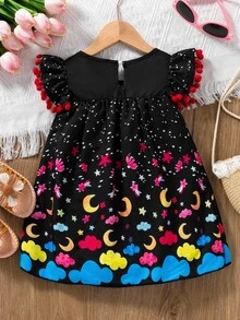 Baby Girls Cute Star Moon Polka Dot Floral Trim Cap Sleeve Dress - Black - View 2