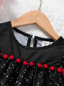 Baby Girls Cute Star Moon Polka Dot Floral Trim Cap Sleeve Dress - Black - View 4
