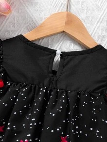 Baby Girls Cute Star Moon Polka Dot Floral Trim Cap Sleeve Dress - Black - View 5