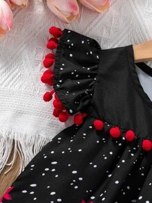 Baby Girls Cute Star Moon Polka Dot Floral Trim Cap Sleeve Dress - Black - View 7