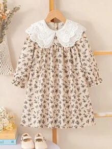 SHEIN 小女孩碎花洋裝，休閒仙女風長袖寬鬆版型復古公主A字洋裝，適合7歲生日、嬰兒洗禮，白色冬季款 - 卡其色 - 查看 4