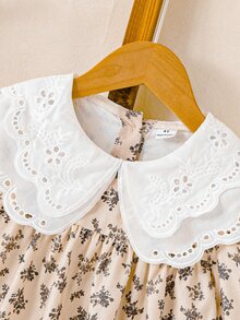 SHEIN 小女孩碎花洋裝，休閒仙女風長袖寬鬆版型復古公主A字洋裝，適合7歲生日、嬰兒洗禮，白色冬季款 - 卡其色 - 查看 7
