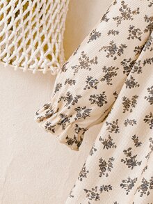 SHEIN 小女孩碎花洋裝，休閒仙女風長袖寬鬆版型復古公主A字洋裝，適合7歲生日、嬰兒洗禮，白色冬季款 - 卡其色 - 查看 10