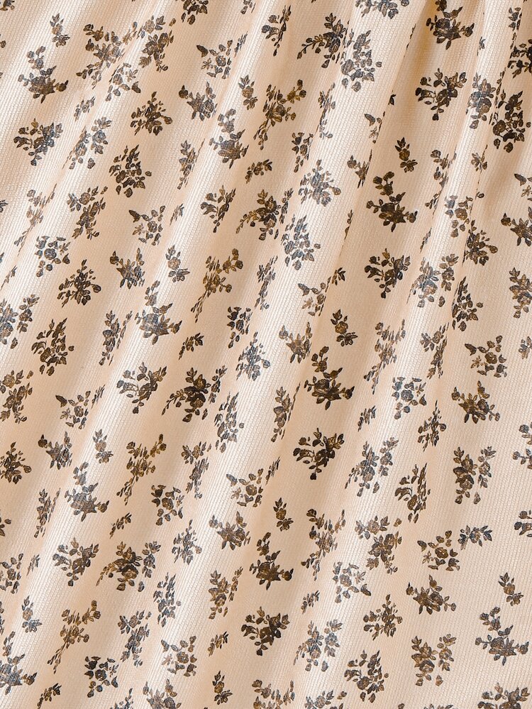 SHEIN Young Girl Ditsy Floral Print Dress, Casual Long Sleeve Loose Fit Vintage Princess A-Line Dress With - Khaki - View 8