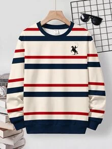 Sweatshirt Lengan Panjang Kerah Bulat Longgar Minimalis Kasual untuk Remaja Laki-laki, Nyaman, Cocok untuk Musim Gugur/Dingin, Motif Garis Retro Klasik, Cetakan Logo Kuda Kecil yang Indah, Sempurna untuk Musim Kembali ke Sekolah - MultiWarna - View 4