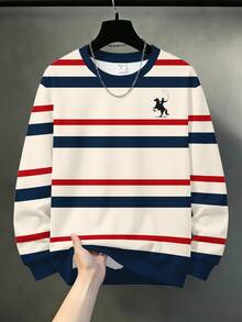 Sweatshirt Lengan Panjang Kerah Bulat Longgar Minimalis Kasual untuk Remaja Laki-laki, Nyaman, Cocok untuk Musim Gugur/Dingin, Motif Garis Retro Klasik, Cetakan Logo Kuda Kecil yang Indah, Sempurna untuk Musim Kembali ke Sekolah - MultiWarna - View 2