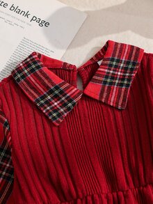 SHEIN 女童度假格紋拼接二合一洋裝 - 紅色 - 查看 4