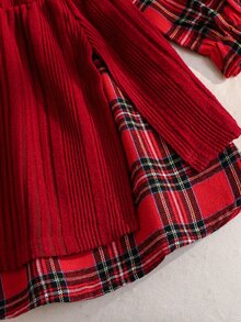 SHEIN 女童度假格紋拼接二合一洋裝 - 紅色 - 查看 5