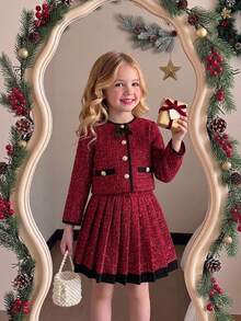 SHEIN Young Girl Contrast Color Kids Long Sleeve Jacket And Pleated Mini Skirt Casual Set - Multicolor - View 2