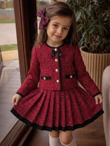 SHEIN Young Girl Contrast Color Kids Long Sleeve Jacket And Pleated Mini Skirt Casual Set - Multicolor - View 1