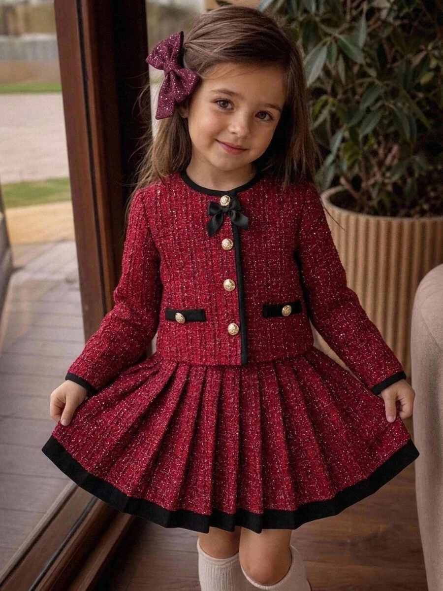 SHEIN Young Girl Contrast Color Kids Long Sleeve Jacket And Pleated Mini Skirt Casual Set - Multicolor - View 1