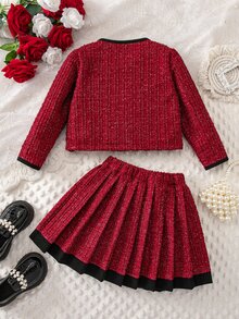 SHEIN Young Girl Contrast Color Kids Long Sleeve Jacket And Pleated Mini Skirt Casual Set - Multicolor - View 6