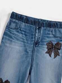 SHEIN Baby Girl Leopard Print Bow Knitted Fitted Casual Denim Effect Print Flare Pants - Multicolor - View 5