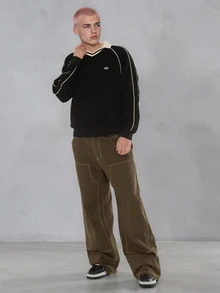 FORM&CHAOS Men's Preppy Style Embroidered Raglan T-Shirt - Corduroy Trim V-Neck Ribbed Long Sleeve Tee, Back To School Varsity Tops - Multicolor - View 3