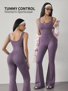 SHEIN Dewbera Minimalist Casual Sports One-Piece Flared Pants - Bold Plum - View 7