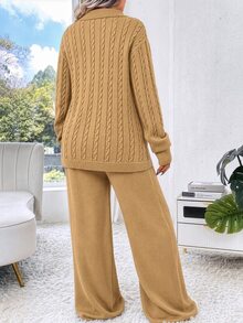Lacomfia Plus Size Women Solid Color Long Sleeve Top And Pants Knit Set - Khaki - View 2