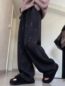 Franclia Plus Size Black Textured Silver Metallic Shimmer Twill Wide Leg Pants Women Elastic High Waist Draped Long Pants Flattering Casual Pants Fall - Black - View 4
