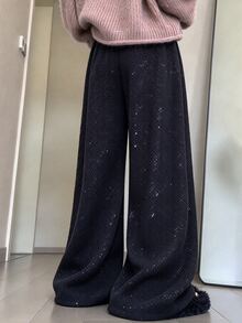 Franclia Plus Size Black Textured Silver Metallic Shimmer Twill Wide Leg Pants Women Elastic High Waist Draped Long Pants Flattering Casual Pants Fall - Black - View 2