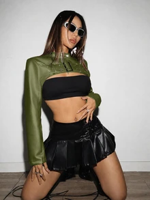 EgrlEra 1pc Women'S Super Short Jacket With Buckle Strap Decoration Y2K Outfit  - Olive Green - View 4