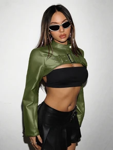 EgrlEra 1pc Women'S Super Short Jacket With Buckle Strap Decoration Y2K Outfit  - Olive Green - View 5