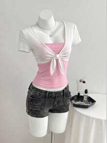 Elamini Women's 2 In 1 Short Sleeve Front Knot Casual T-Shirt School Date White Light Pink Summer - Multicolor - View 4