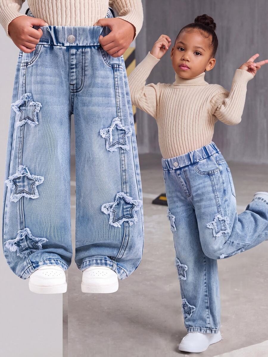 SHEIN Young Girl Denim Summer Jeans, Light Blue Washed, Star Patchwork Embroidery Design, Super Cool Versatile Straight Leg Denim Pants Autumn Winter - Light Wash - View 1