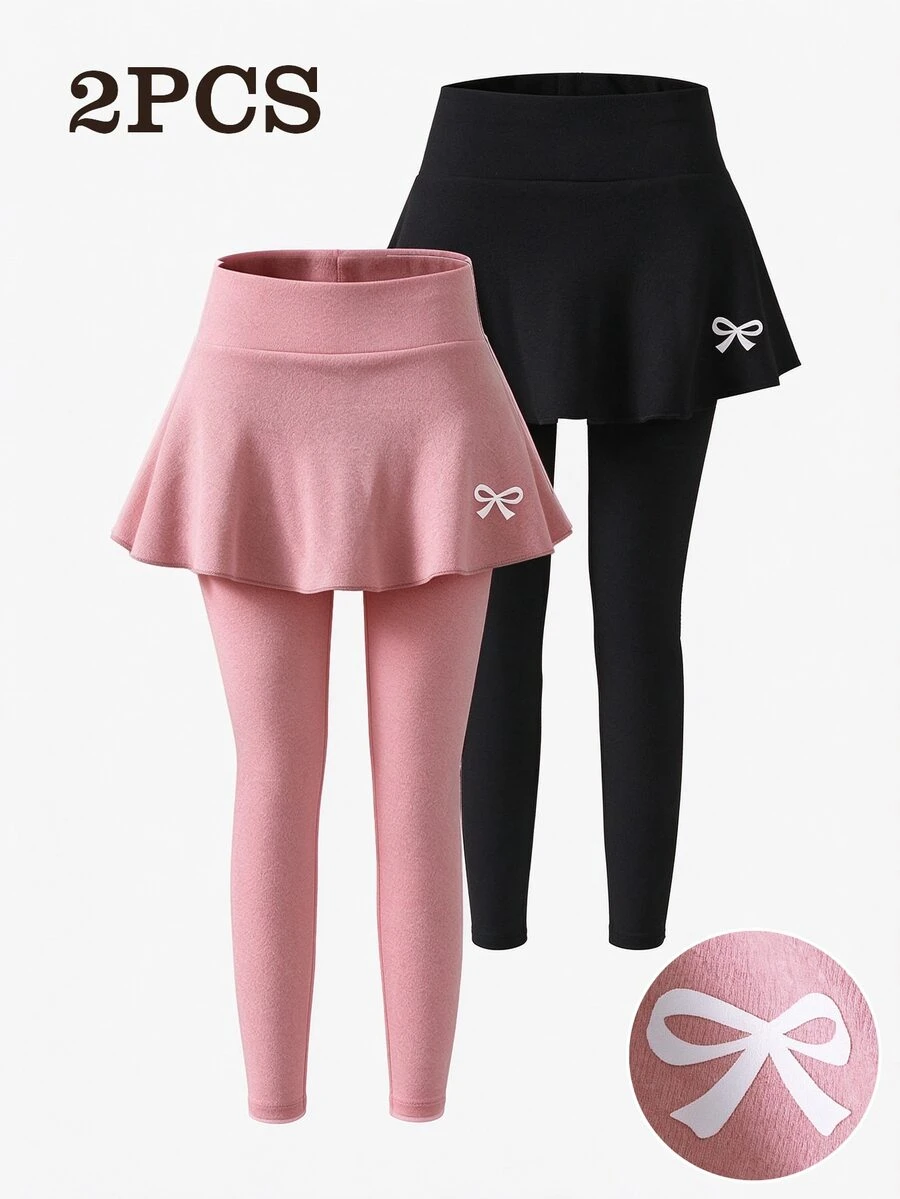 2pcs Young Girl Sweet Solid Mini Bowknot Print Pleated Skirt Leggings Fleece Thick Skirted Tights Pants Set Outfits School Daily Fall Brown Baby Blue - Multicolor - View 1
