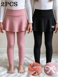 2pcs Young Girl Sweet Solid Mini Bowknot Print Pleated Skirt Leggings Fleece Thick Skirted Tights Pants Set Outfits School Daily Fall Brown Baby Blue - Multicolor - View 4