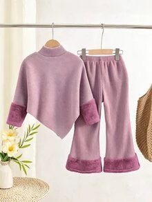 SHEIN 女童春/秋/冬休閒 T 恤套裝，不對稱設計高領粉紫色針織羅紋刷毛布料袖口拼接極地絨長袖上衣，搭配褲腳拼接極地絨休閒喇叭褲，2 件套，適合春/秋/冬返校季，優雅高階日常上學、出遊、旅行、派對穿搭 - 粉色 - 查看 2