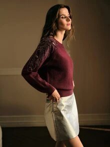 MOTF PREMIUM WOMEN'S ROUND NECK RAGLAN LONG SLEEVE BEADED DESIGN ELEGANT PULLOVER SWEATER - Burgundy - View 5