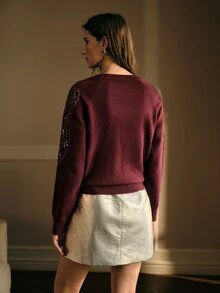 MOTF PREMIUM WOMEN'S ROUND NECK RAGLAN LONG SLEEVE BEADED DESIGN ELEGANT PULLOVER SWEATER - Burgundy - View 3
