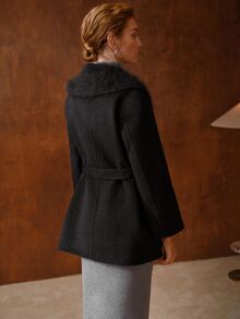 MOTF PREMIUM WOMEN'S SOLID COLOR FUR COLLAR LARGE LAPEL LONG SLEEVE ELEGANT WOOL COAT - Black - View 7