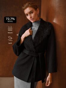 MOTF PREMIUM WOMEN'S SOLID COLOR FUR COLLAR LARGE LAPEL LONG SLEEVE ELEGANT WOOL COAT - Black - View 3