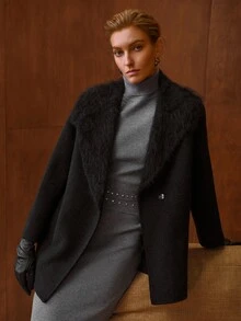 MOTF PREMIUM WOMEN'S SOLID COLOR FUR COLLAR LARGE LAPEL LONG SLEEVE ELEGANT WOOL COAT - Black - View 5