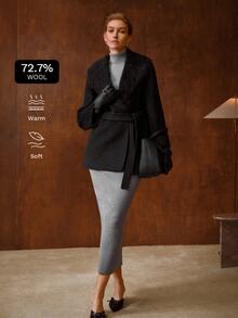 MOTF PREMIUM WOMEN'S SOLID COLOR FUR COLLAR LARGE LAPEL LONG SLEEVE ELEGANT WOOL COAT - Black - View 1
