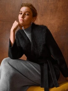 MOTF PREMIUM WOMEN'S SOLID COLOR FUR COLLAR LARGE LAPEL LONG SLEEVE ELEGANT WOOL COAT - Black - View 6