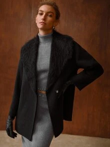 MOTF PREMIUM WOMEN'S SOLID COLOR FUR COLLAR LARGE LAPEL LONG SLEEVE ELEGANT WOOL COAT - Black - View 4