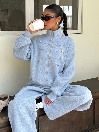 Muchica Grey Knit Women's Napoleon Sweatshirt And Sweatpants 2 Pieces Set, Suitable For Daily Commute, Streetwear Style, Gatherings, Autumn/Winter/Spring/Summer, Christmas, New Year, Thanksgiving, Party, Graduation Ceremony, Elegant, Outing, Dating, Commute, Valentine's Day, Elegant, Y2K, Graduation Ceremony And Other Occasions