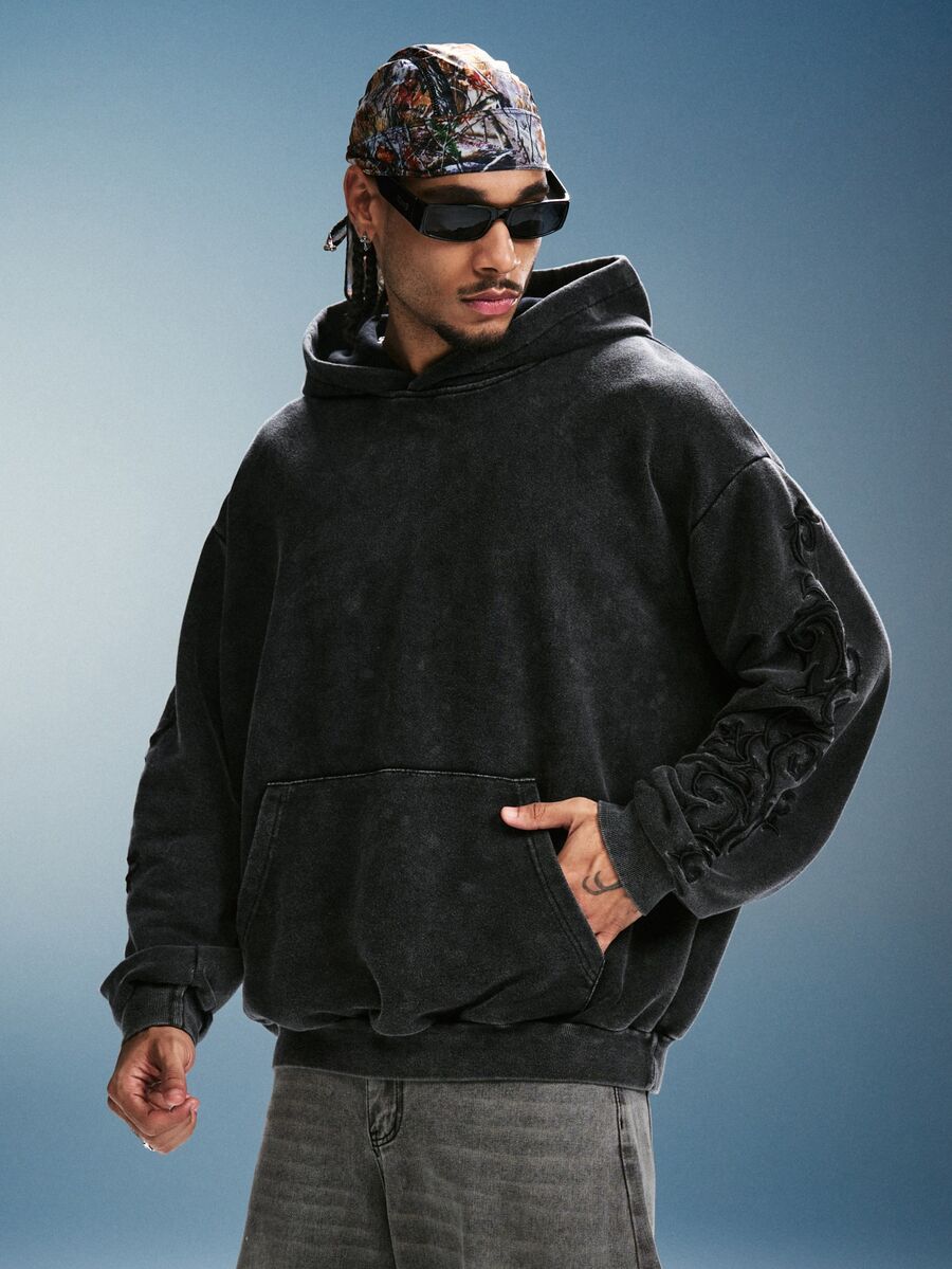 PAVTROS Men's Cotton Washed Distressed Hoodie, Gothic Vine Dark Pattern Embroidery, Vintage Washed Texture, Kangaroo Pocket, Loose Short Boxy Fit, Dark Grunge Street Style, Low-Key Premium, Suitable For Daily Streetwear - Black - View 1