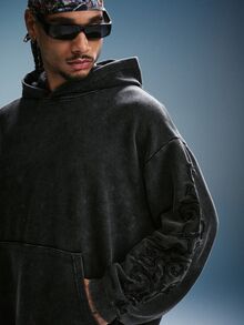 PAVTROS Men's Cotton Washed Distressed Hoodie, Gothic Vine Dark Pattern Embroidery, Vintage Washed Texture, Kangaroo Pocket, Loose Short Boxy Fit, Dark Grunge Street Style, Low-Key Premium, Suitable For Daily Streetwear - Black - View 4