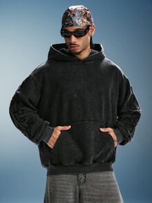 PAVTROS Men's Cotton Washed Distressed Hoodie, Gothic Vine Dark Pattern Embroidery, Vintage Washed Texture, Kangaroo Pocket, Loose Short Boxy Fit, Dark Grunge Street Style, Low-Key Premium, Suitable For Daily Streetwear - Black - View 5