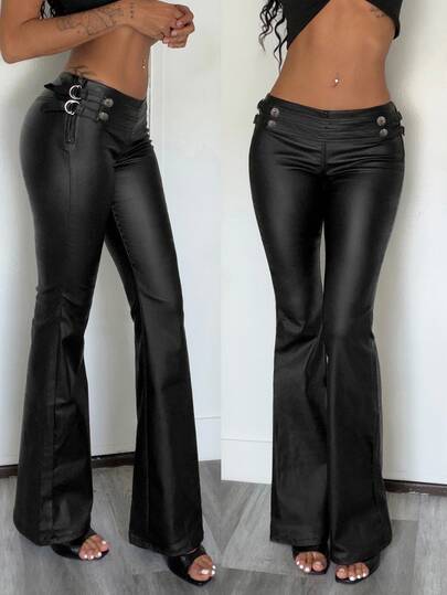 Jeanoix Pantalones largos de mujer Y2K con cordones y decoración de botones, recubiertos de PU sintético
